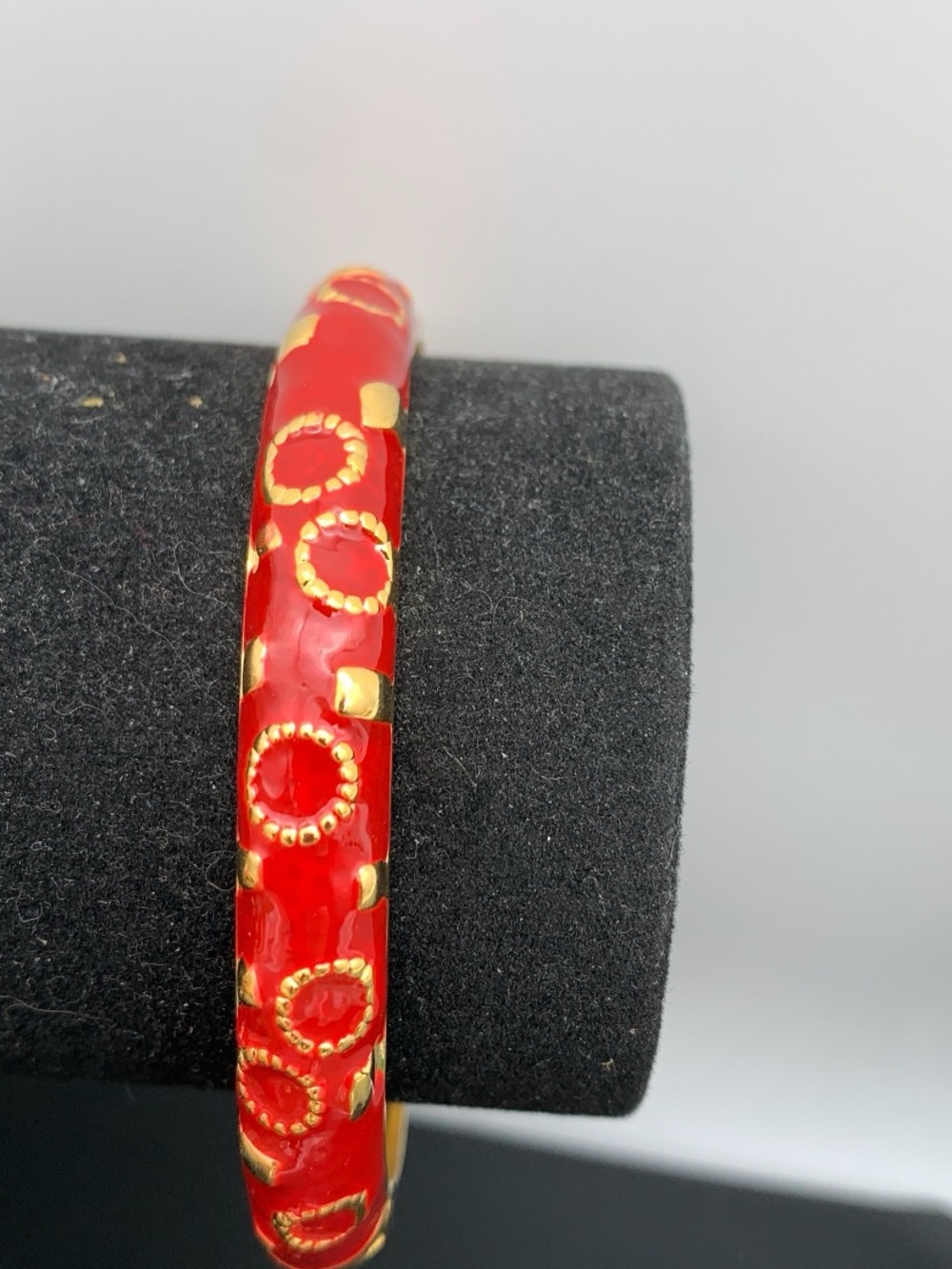 Gold Tone Accent Red Enamel hinged Bangle Bracelet